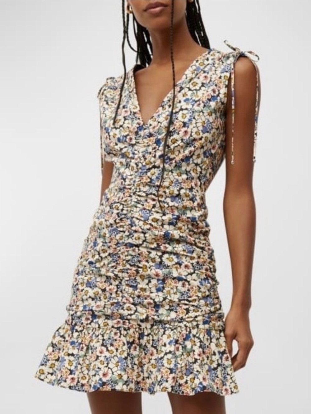 VERONICA BEARD Jackson Floral Ruched Mini Dress Women 8 White V Neck Sleeveless
